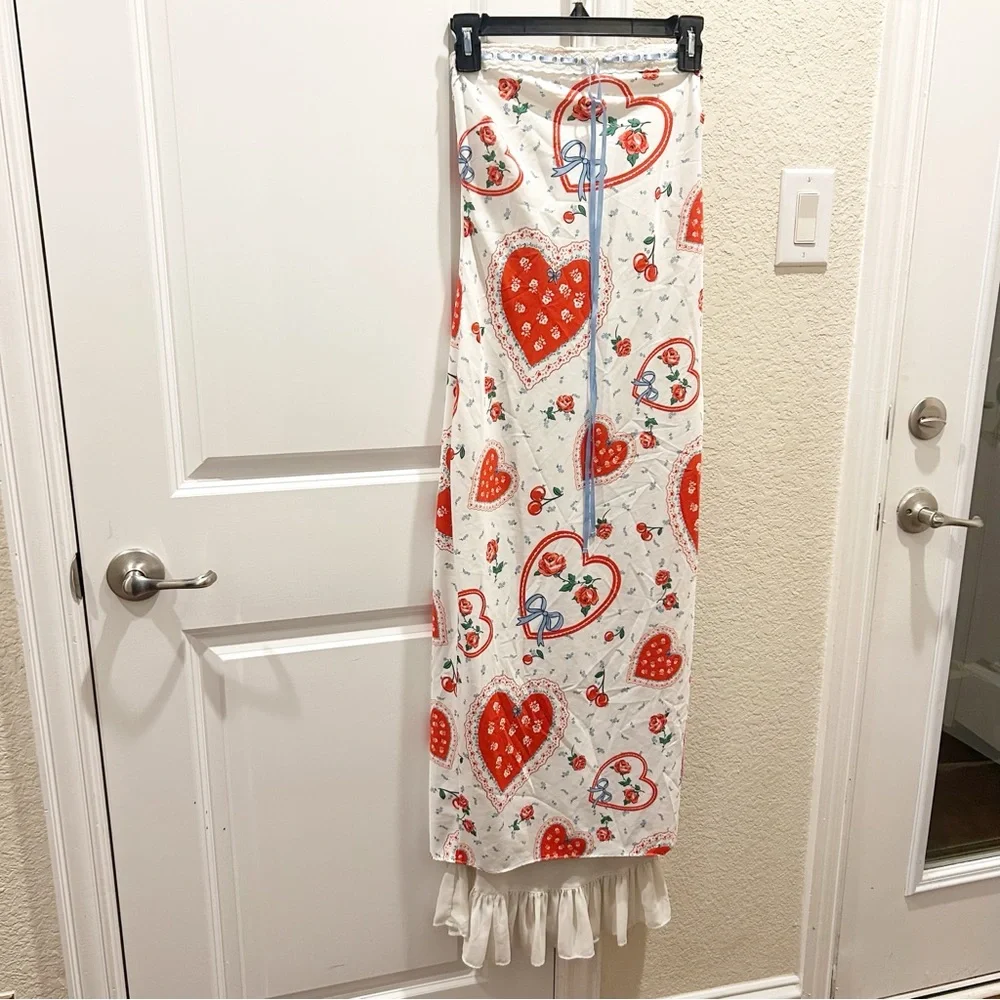 For Love & Lemons Daisy Mae Heart Cherry Print Strapless Ruffle Midi Dress - Picture 7 of 12